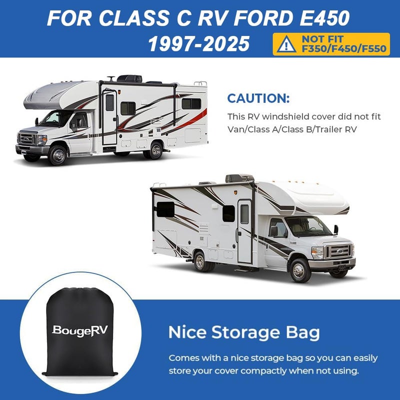 BougeRV RV Windshield Window Snow Cover for Class C Ford E450 1997-2025 Motorhome, Windshield Cover for Ice and Snow RV Front Window Sunshade Cover RV Accessories 4 Layers with Mirror Cutouts Silver - Image 4